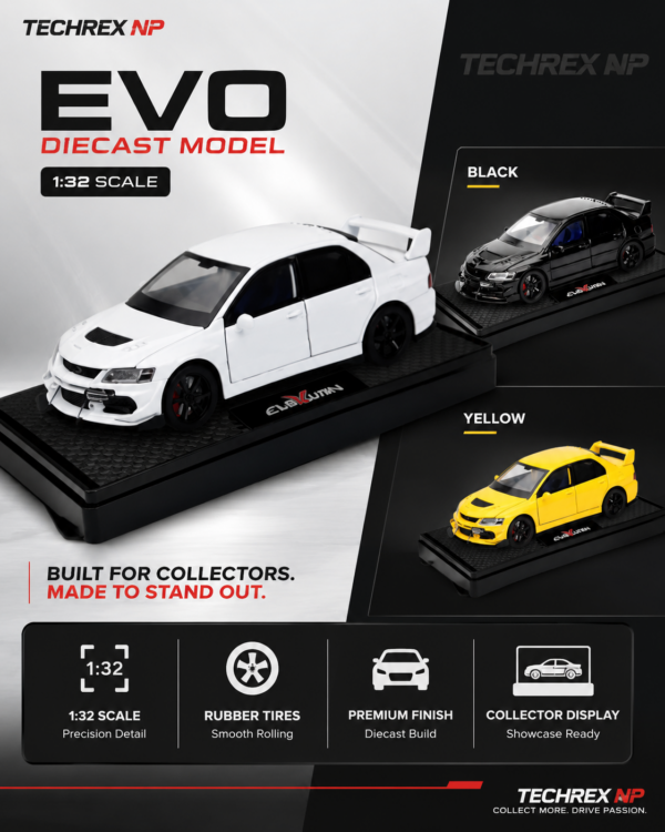 ChatGPT Image May 28, 2026, 09_38_49 AM (6) Chiyuan Mitsubishi Lancer Evolution EVO-Style 1:32 Diecast Model Car – Black White Yellow Alloy JDM Sports Car for Gifts & Collectors