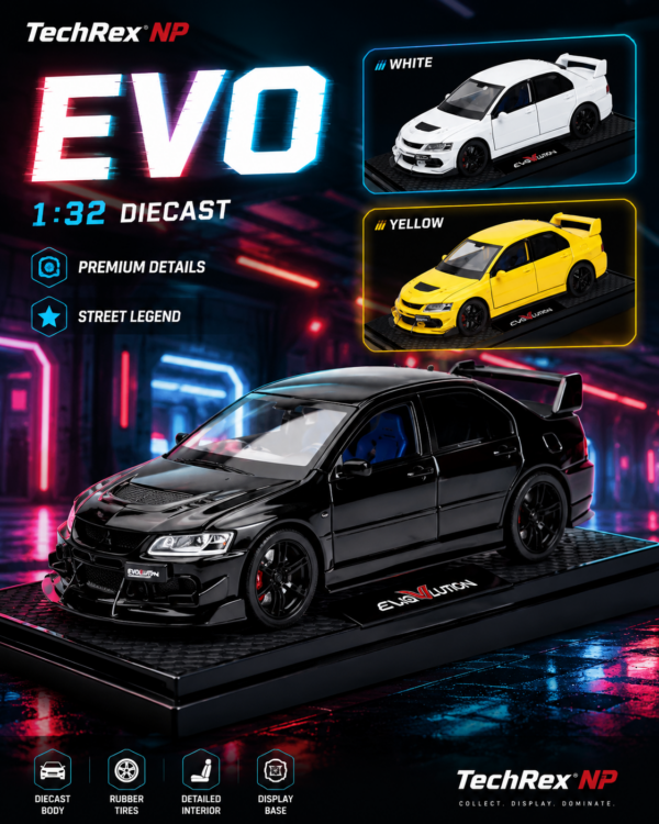 ChatGPT Image May 28, 2026, 09_38_50 AM (8) Chiyuan Mitsubishi Lancer Evolution EVO-Style 1:32 Diecast Model Car – Black White Yellow Alloy JDM Sports Car for Gifts & Collectors