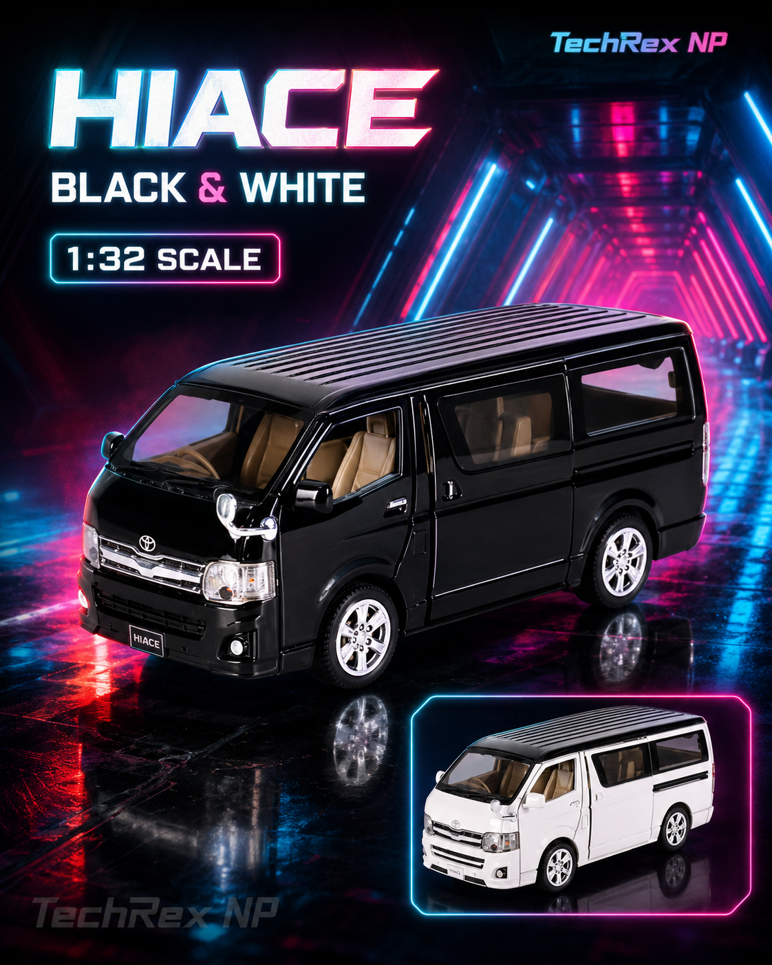 XLG Toyota Hiace-Style 1:32 Diecast Model Van – Black & White Alloy Collectible Mini Van for Car Lovers, Gifts & Desk Display