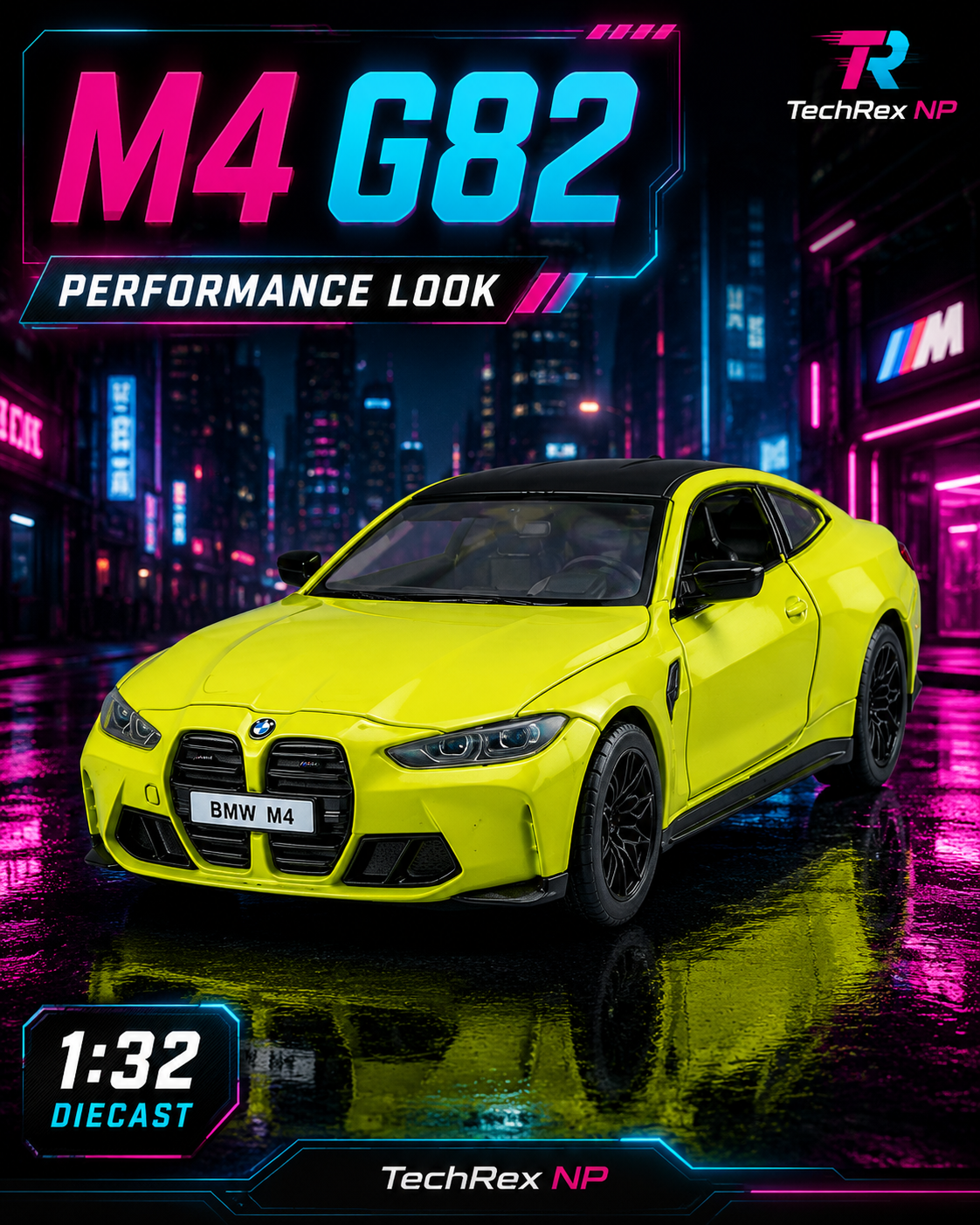 CCA BMW M4 G82-Style 1:32 Diecast Model Car – Yellow Alloy Collectible Sports Car Display Model