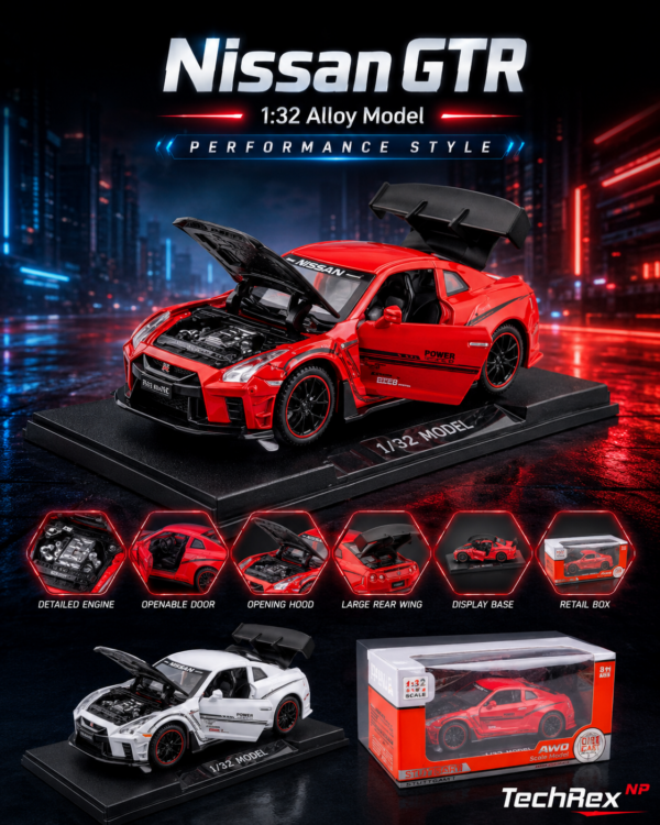 JiaYe Nissan GT-R R35-Style 1:32 Diecast Model Car – Premium Red/White Collectible Sports Car Display Model for GT-R Fans