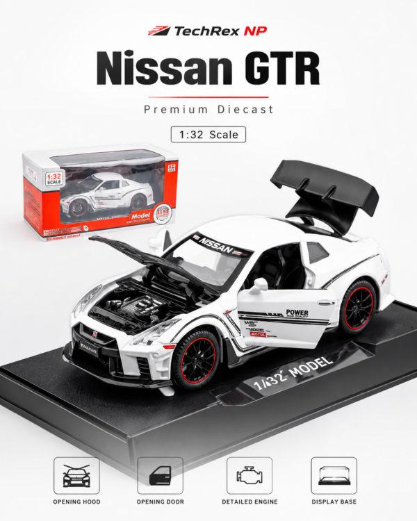 JiaYe Nissan GT-R R35-Style 1:32 Diecast Model Car – Premium Red/White Collectible Sports Car Display Model for GT-R Fans