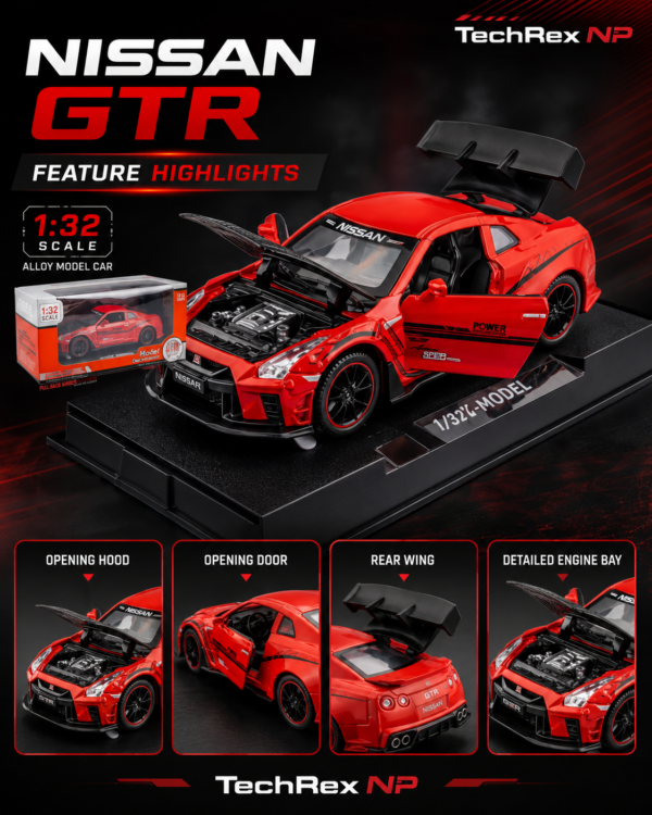 JiaYe Nissan GT-R R35-Style 1:32 Diecast Model Car – Premium Red/White Collectible Sports Car Display Model for GT-R Fans