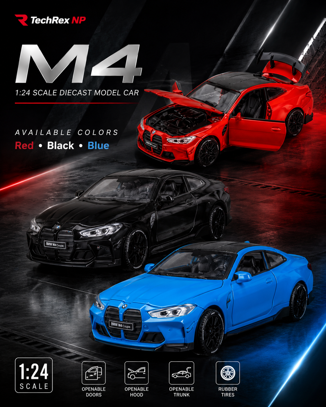 XinAo BMW M4-Style 1:24 Diecast Model Car – Red Black Blue Alloy Collectible Sports Car
