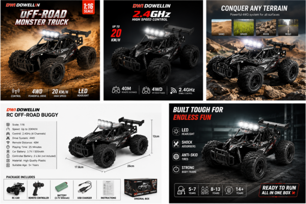DWI Dowellin DWI 3699-068 1:16 2WD Off-Road Monster Truck RC Car – 2.4GHz 20km/h LED Headlight Toy