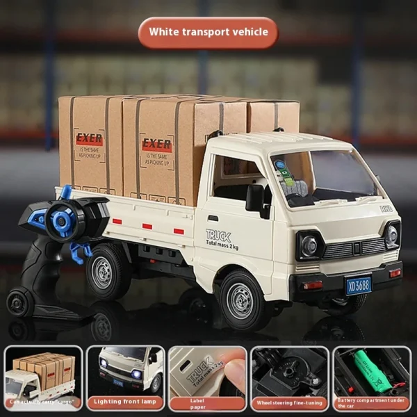 car-on-remote-control-city-truck-for-kids-white-transport-vehicle-2 1:16 RC Pickup Transport Truck – 2.4GHz Rechargeable Cargo Truck with Spray & LED Lights